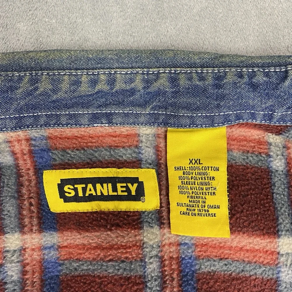 Vtg Stanley Denim Shirt Jacket Mens Sz XXL Blue Plaid Fleece Lined Work Thrashed